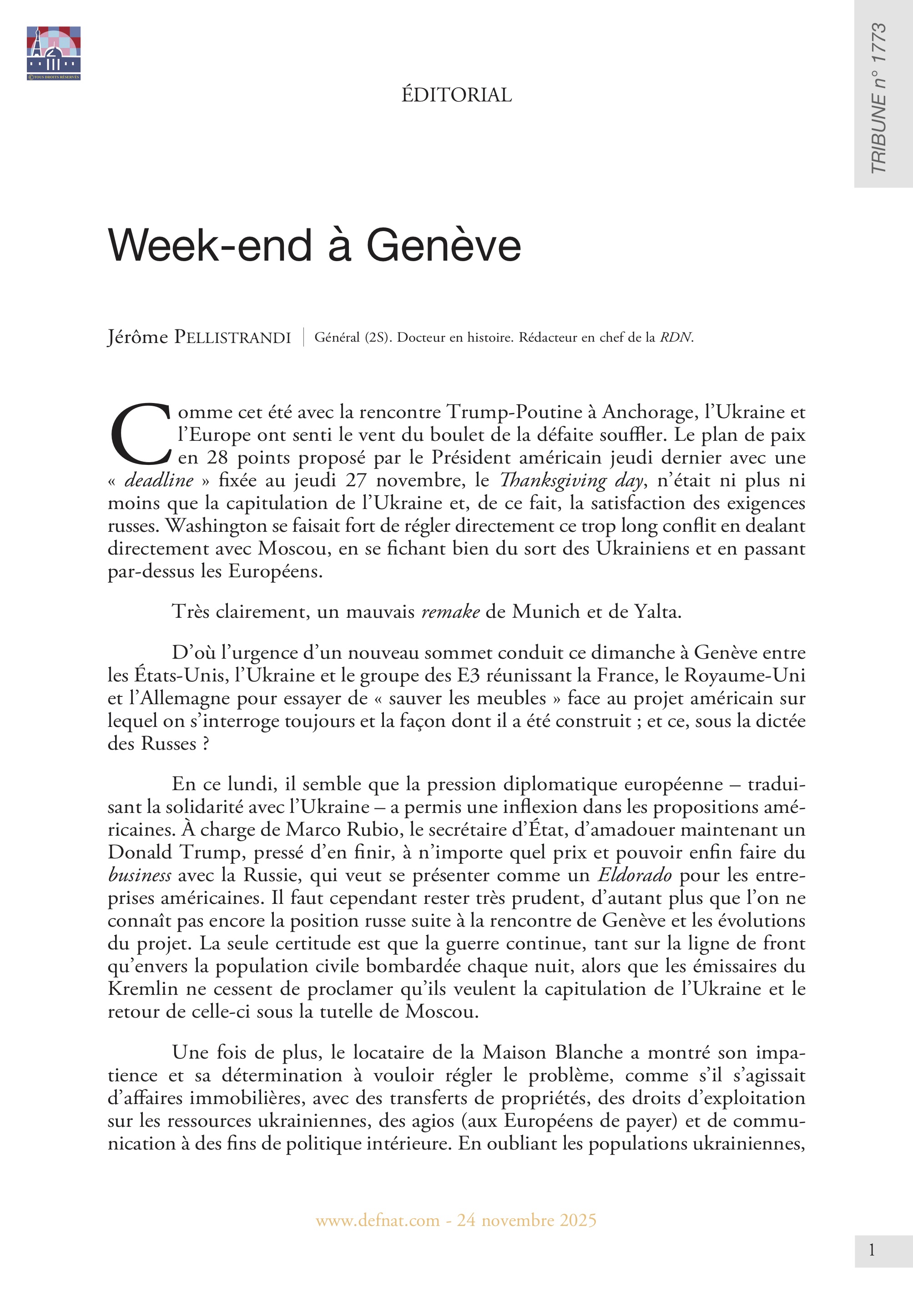 &Eacute;ditorial &ndash;&nbsp;Week-end &agrave;&nbsp;Gen&egrave;ve (T&nbsp;1773)
